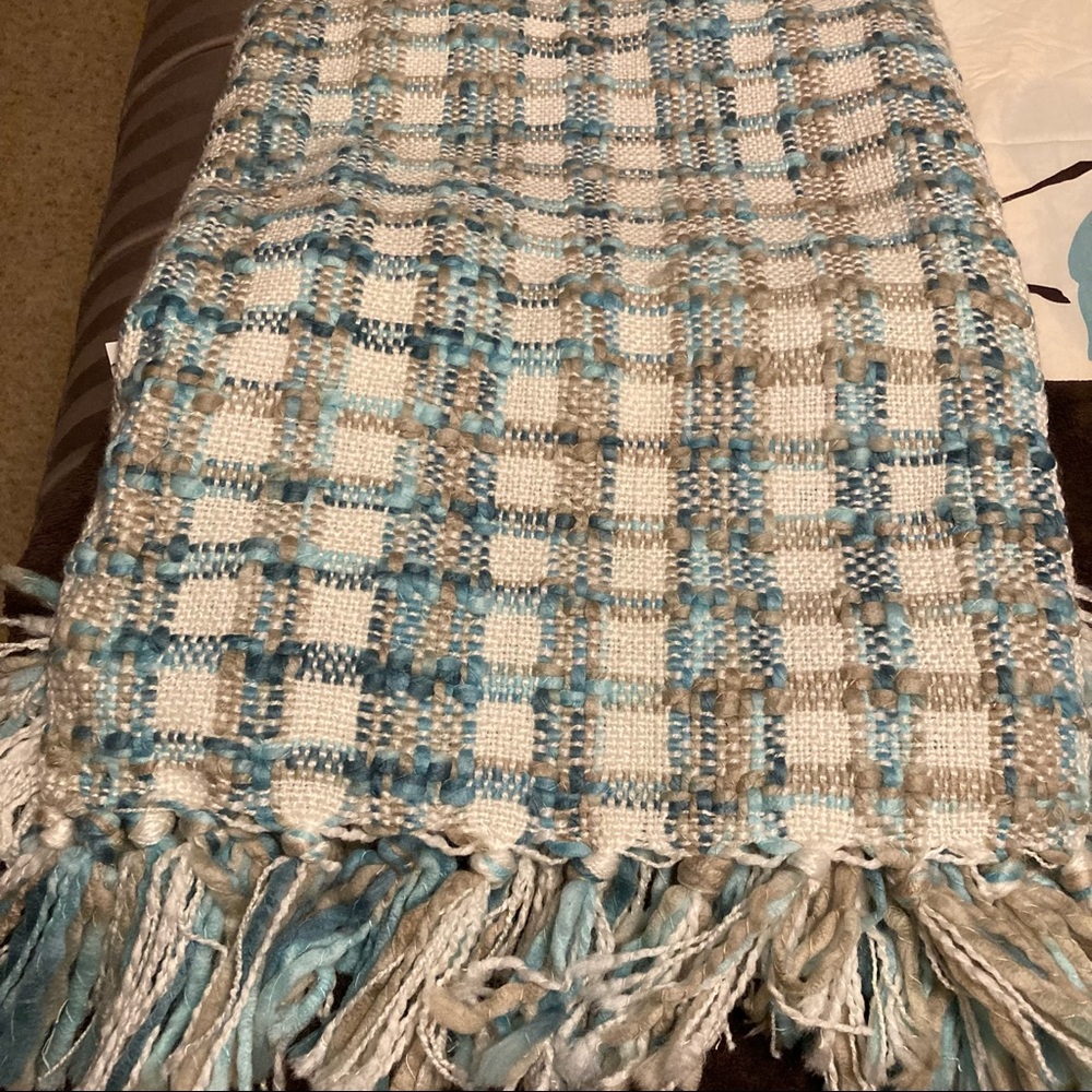 Cynthia Rowley Teal and Beige Checkered Throw Blanket